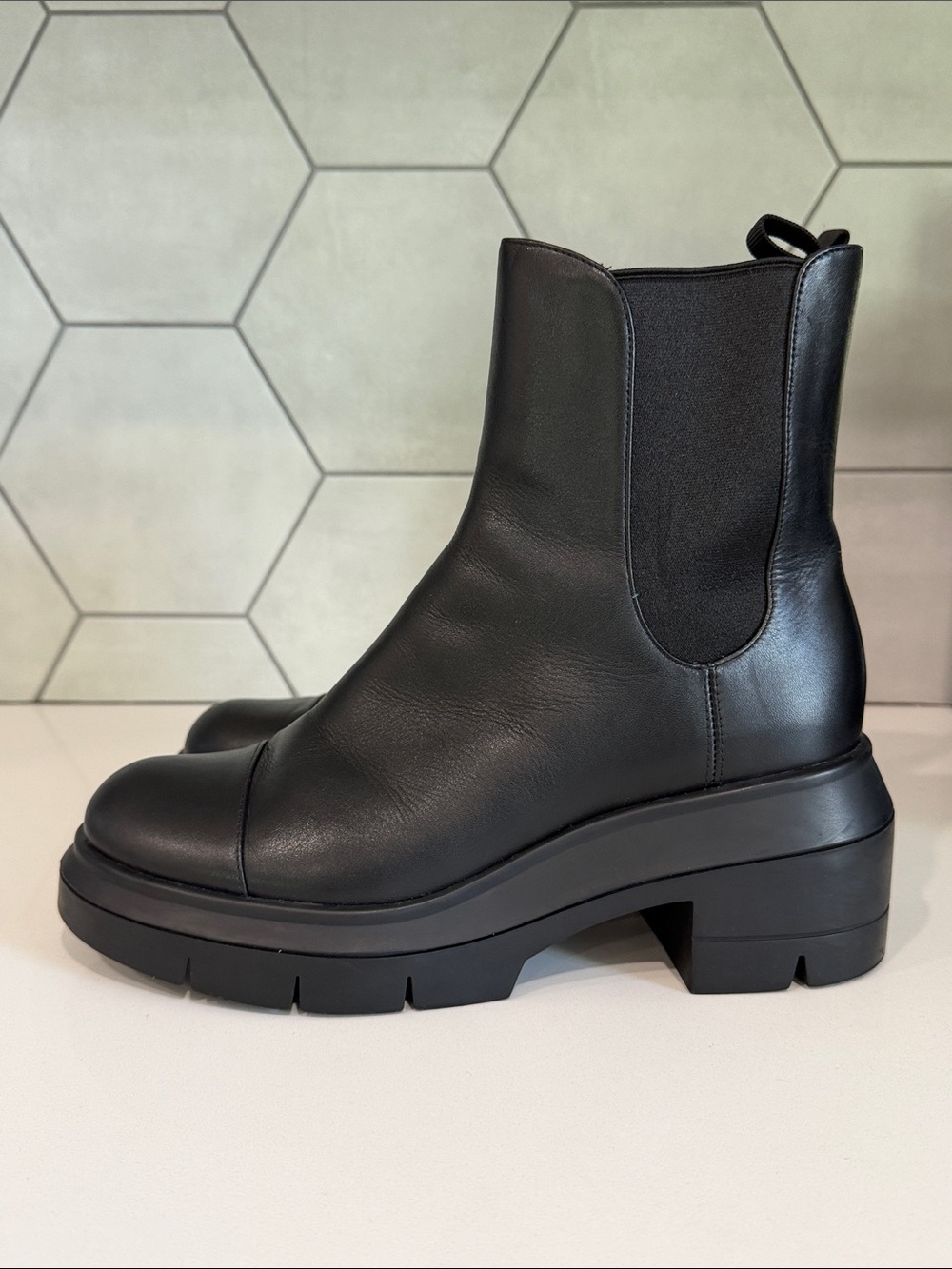Stuart Weitzman Black Leather Platform Lug Boots - Picture 4 of 14